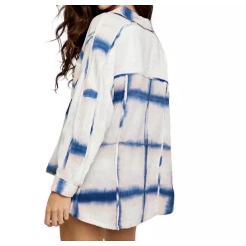 Free People We The Free Washed Away Gauze Tie Dye Plaid Shirt XS Blue Pink